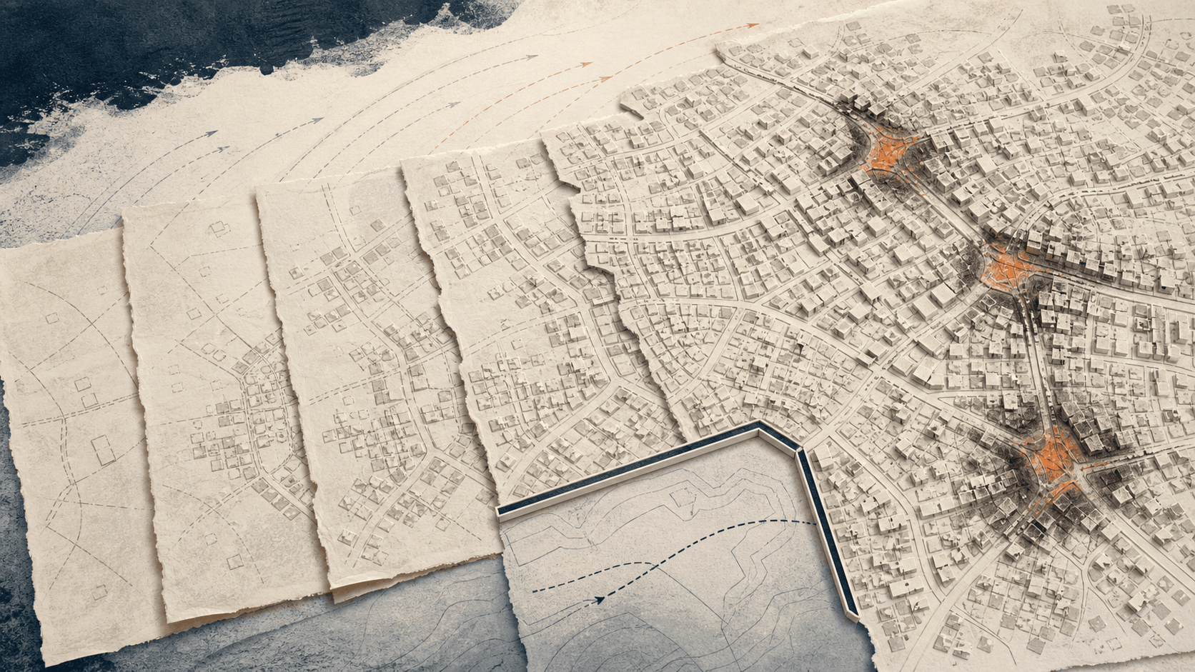 Successive paper maps grow from sparse plans into a dense city; on the newest map, a few busy intersections are darkened and marked orange as hotspots.