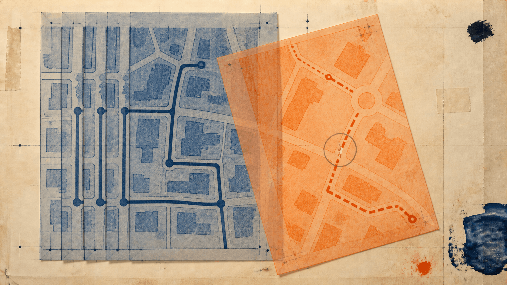 Five identical blue repository maps overlap without adding information, while an independent orange map crosses them and reveals a gap the repeated maps miss.