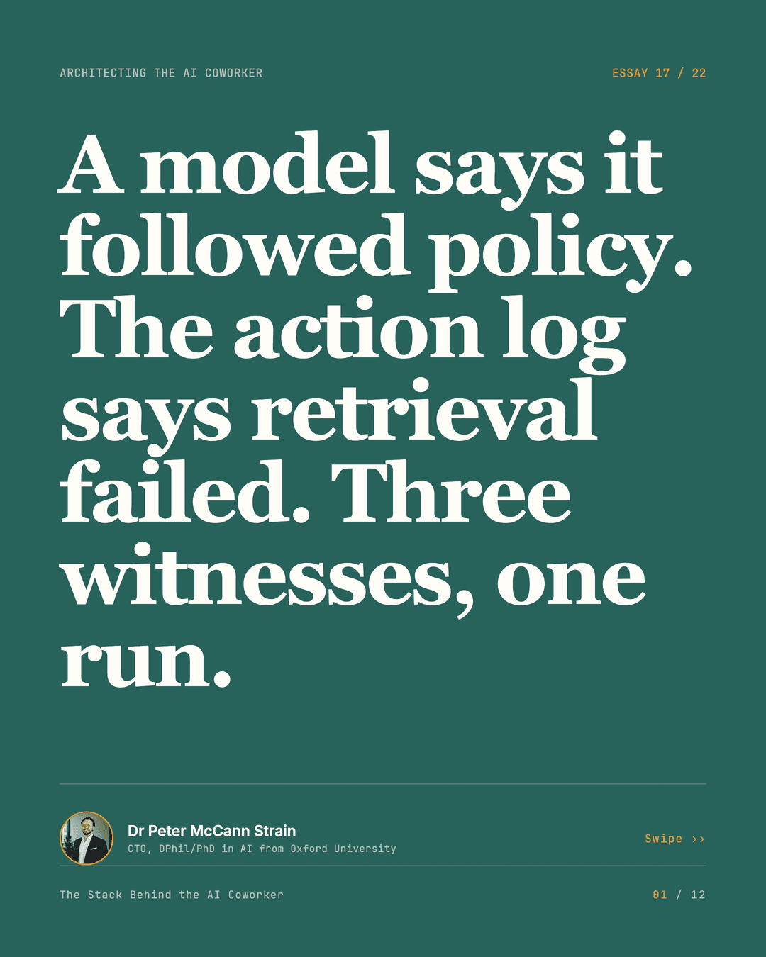 The Three Witnesses to a Run — LinkedIn carousel, slide 1 of 12
