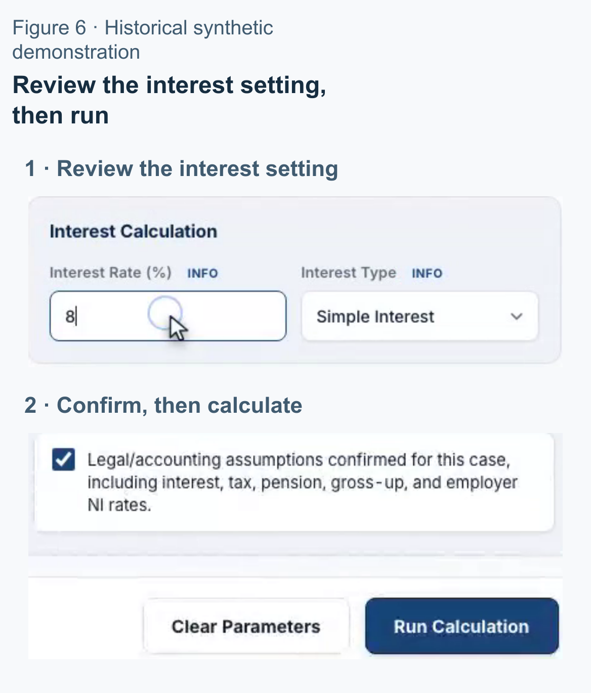 Actual interest-rate and interest-type controls, followed by assumption confirmation and Run Calculation